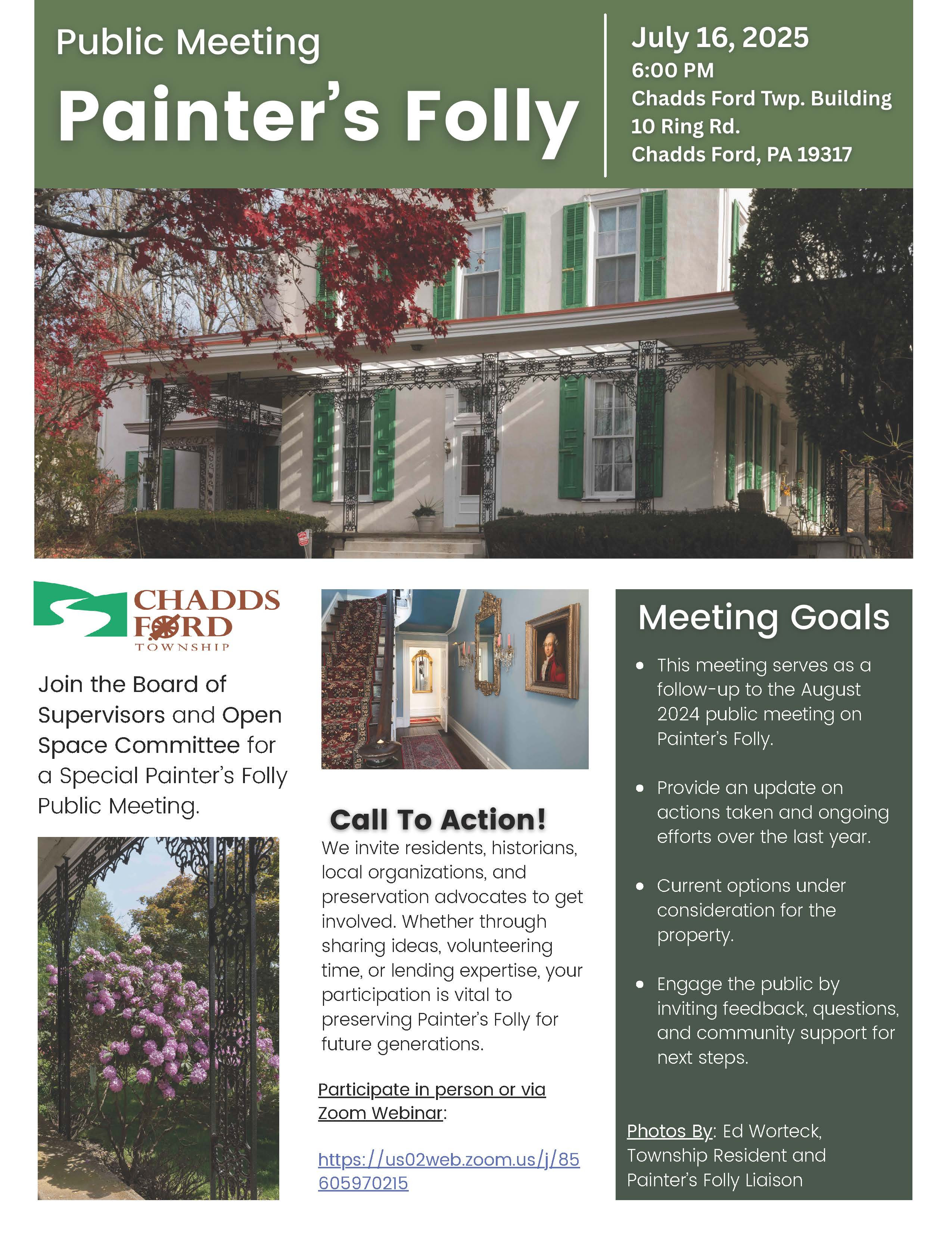 flyer for Painter's Folly township meeting in Chadds Ford in summer 2025