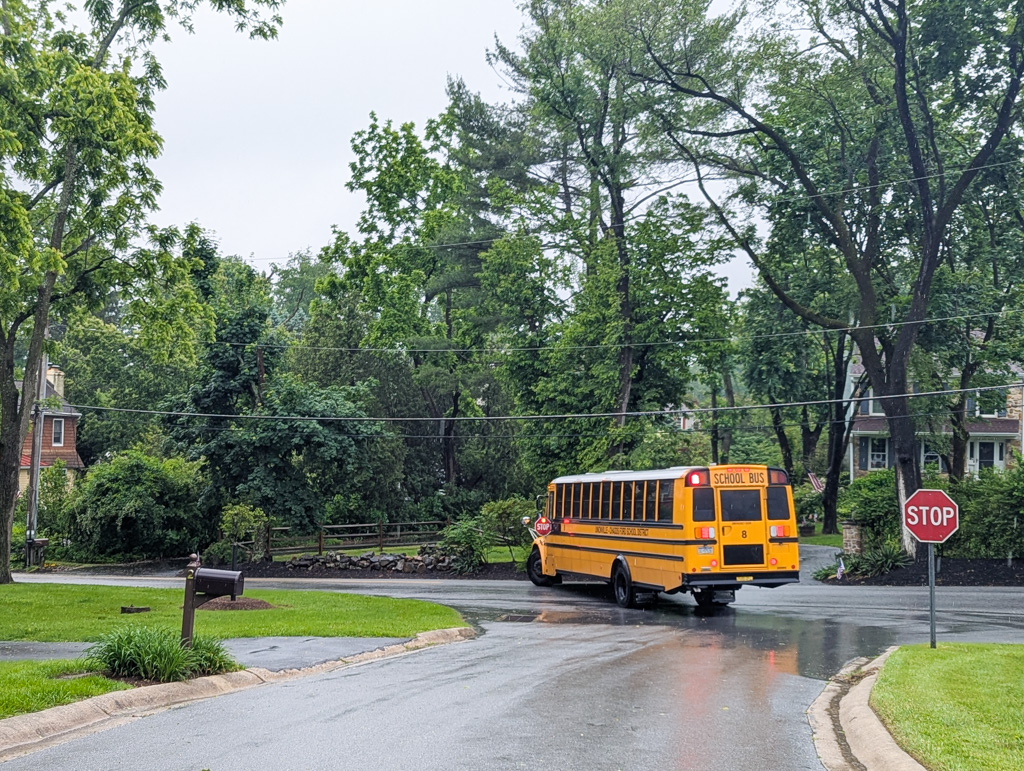 school bus driving on neighborhood road