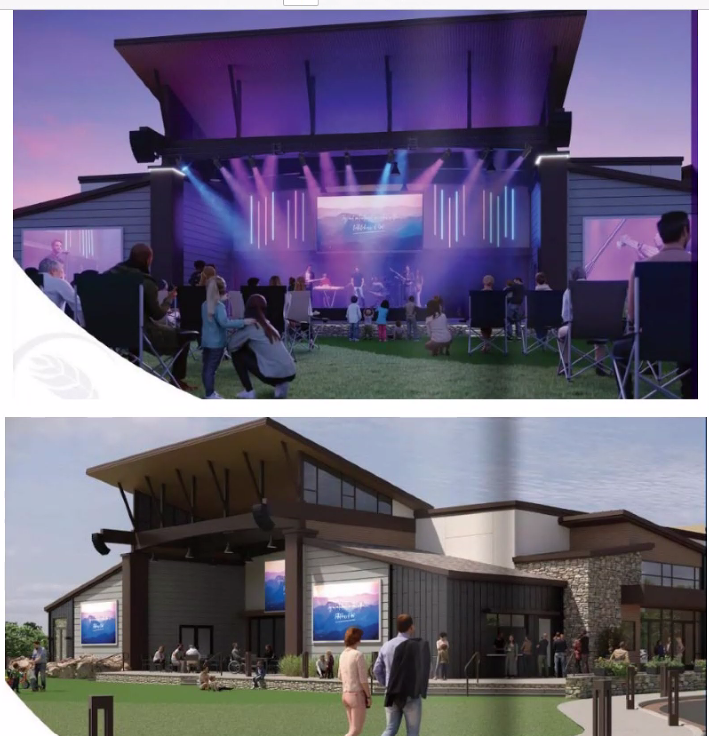 rendering of the new space that has lights shining on a concert stage