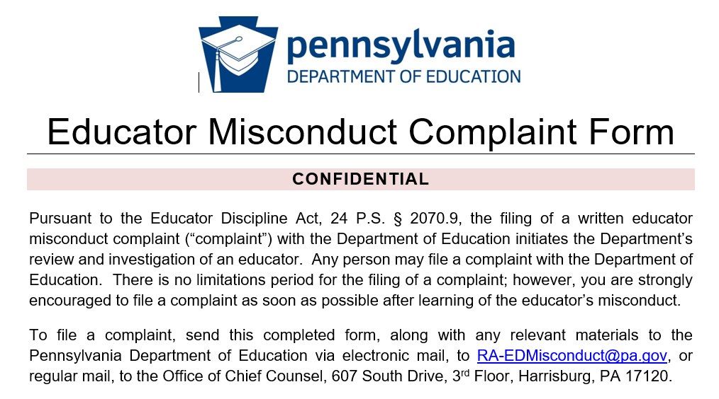 PE DEP Educator Misconduct Complaint Form screenshot