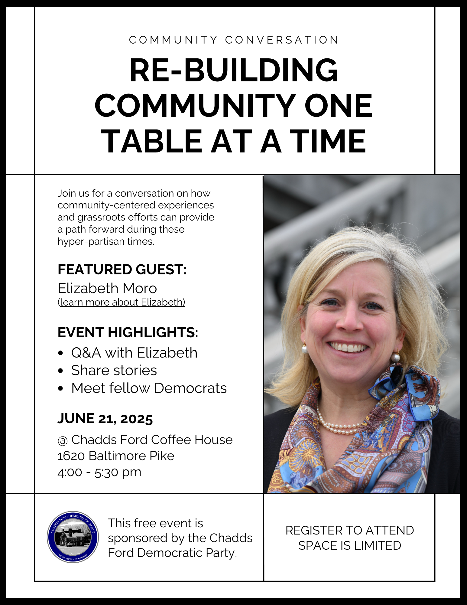 flyer for an event to chat with Elizabeth Moro