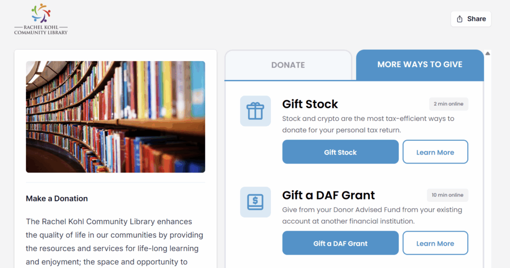 screenshot of the Rachel Kohl library stock donation page on the website