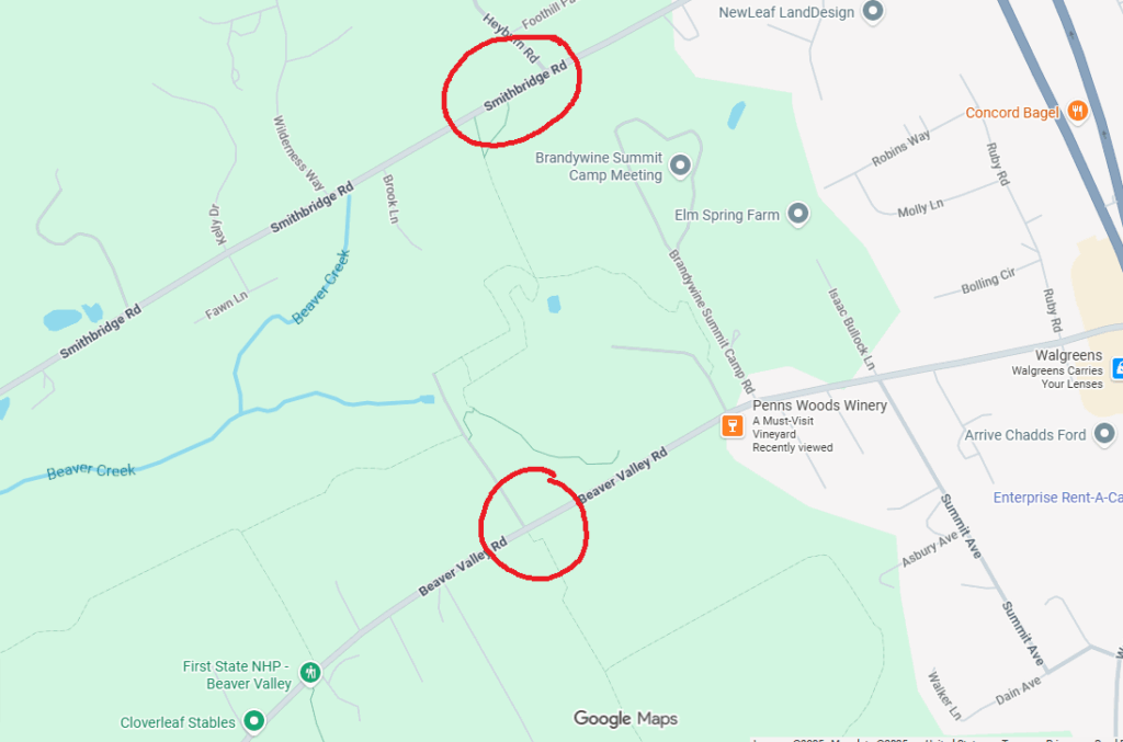 map of paths from Google Maps; red circles around two locations where path intersects with roadways