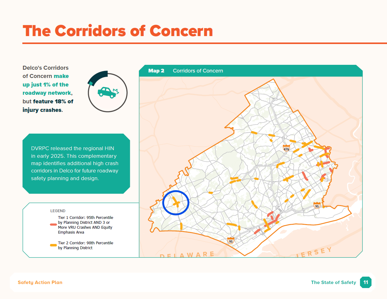 The corridors of concern in Delaware County.