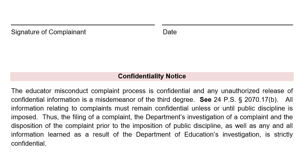 Confidentiality notice on educator misconduct complaint form