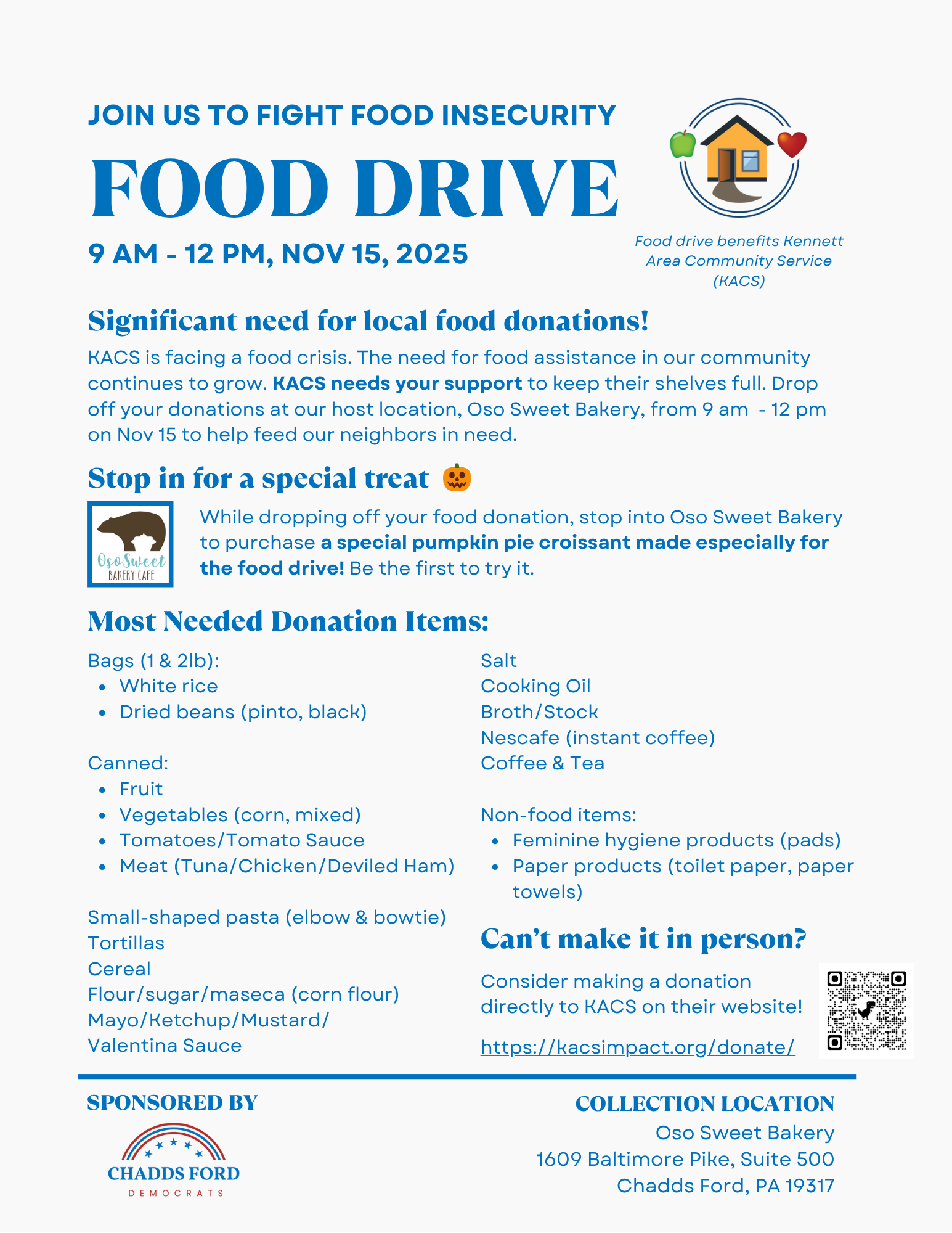 flyer for the Chadds Ford Dems food drive at Oso Sweet Bakery