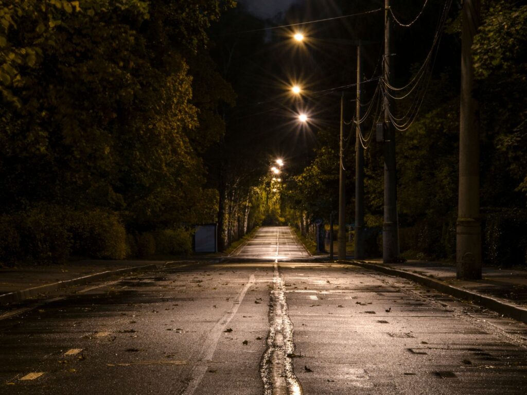 dark road with dim street lights lined with trees and utility poles