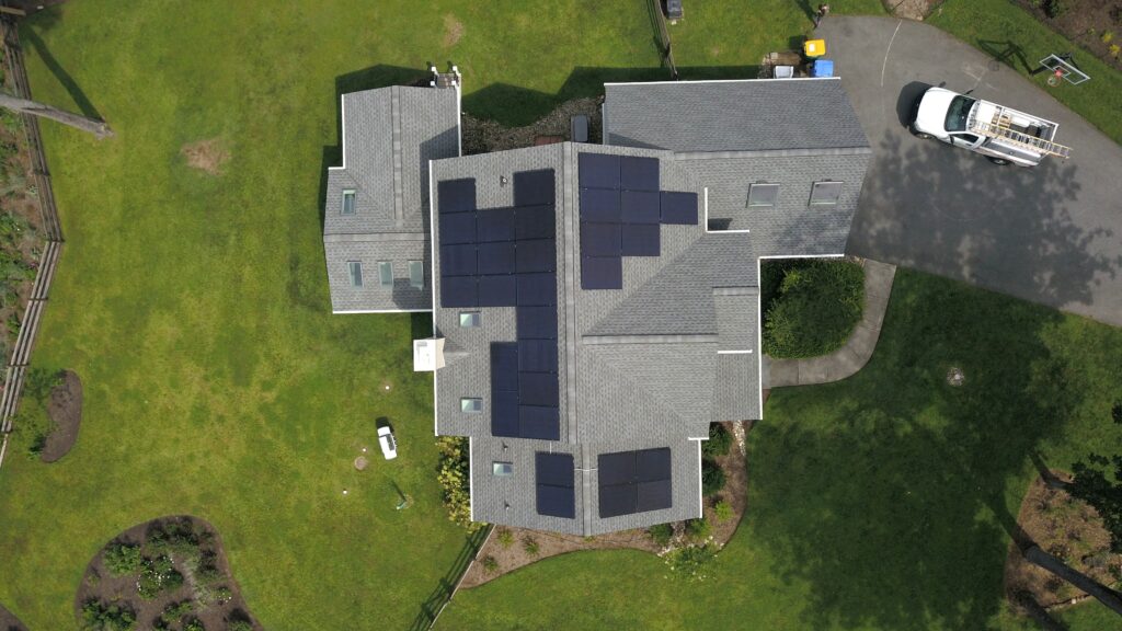 birds eye view of a home woth rooftop solarl discussing Energy in Chadds Ford