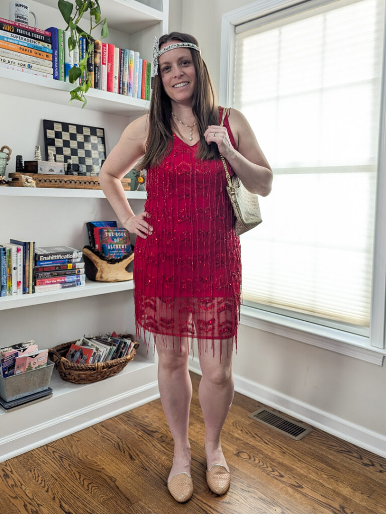 Dressed for the CFE Parents' Night Out Gatsby themed - red dress with Etsy headpiece