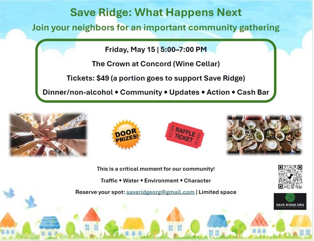 Flyer for Save Ridge event at The Crown on Fri May 15