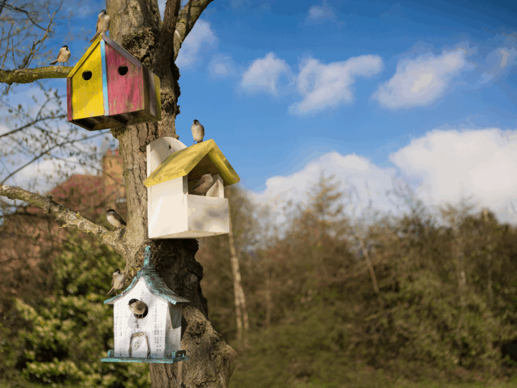 bird houses in a tree with birds in them - easy project for Bird Town Chadds Ford