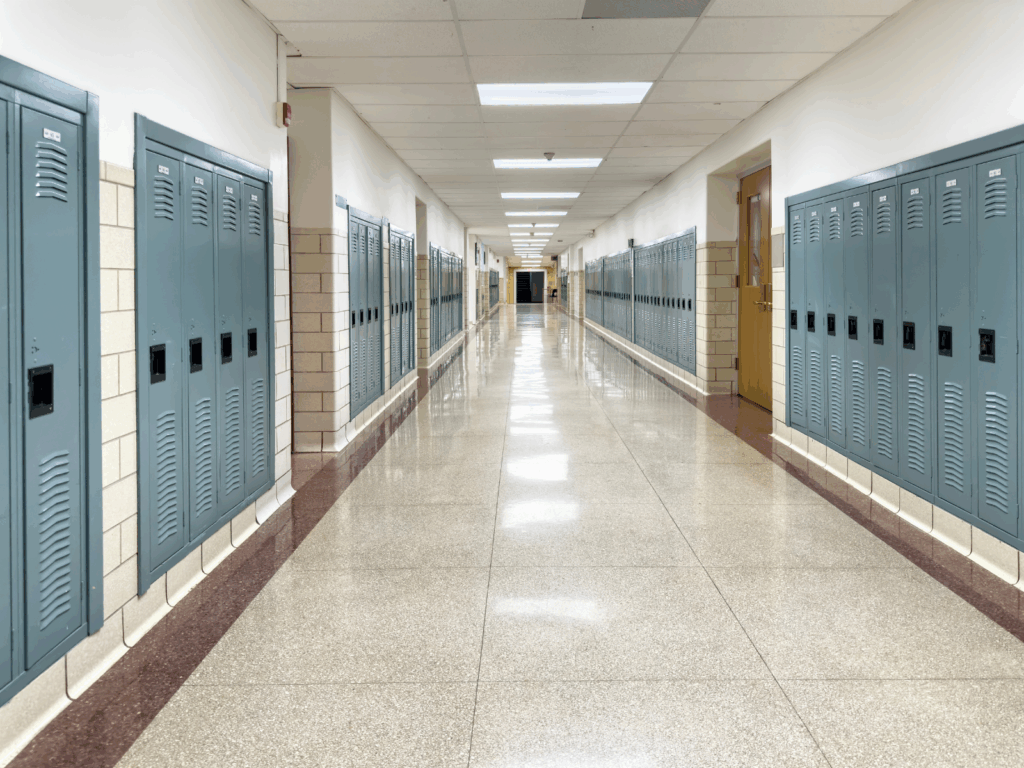 lockers in a school hallway; thinking about the multi-county school tax issue in PA